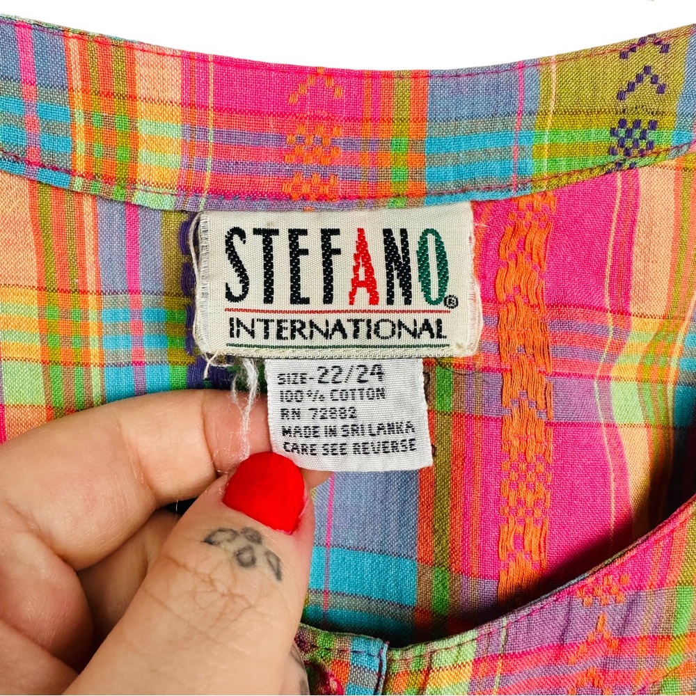 Vintage 80’s Cottagecore  Rainbow Plaid Short Sleeve Oversized Pullover Blouse - Picture 10 of 12
